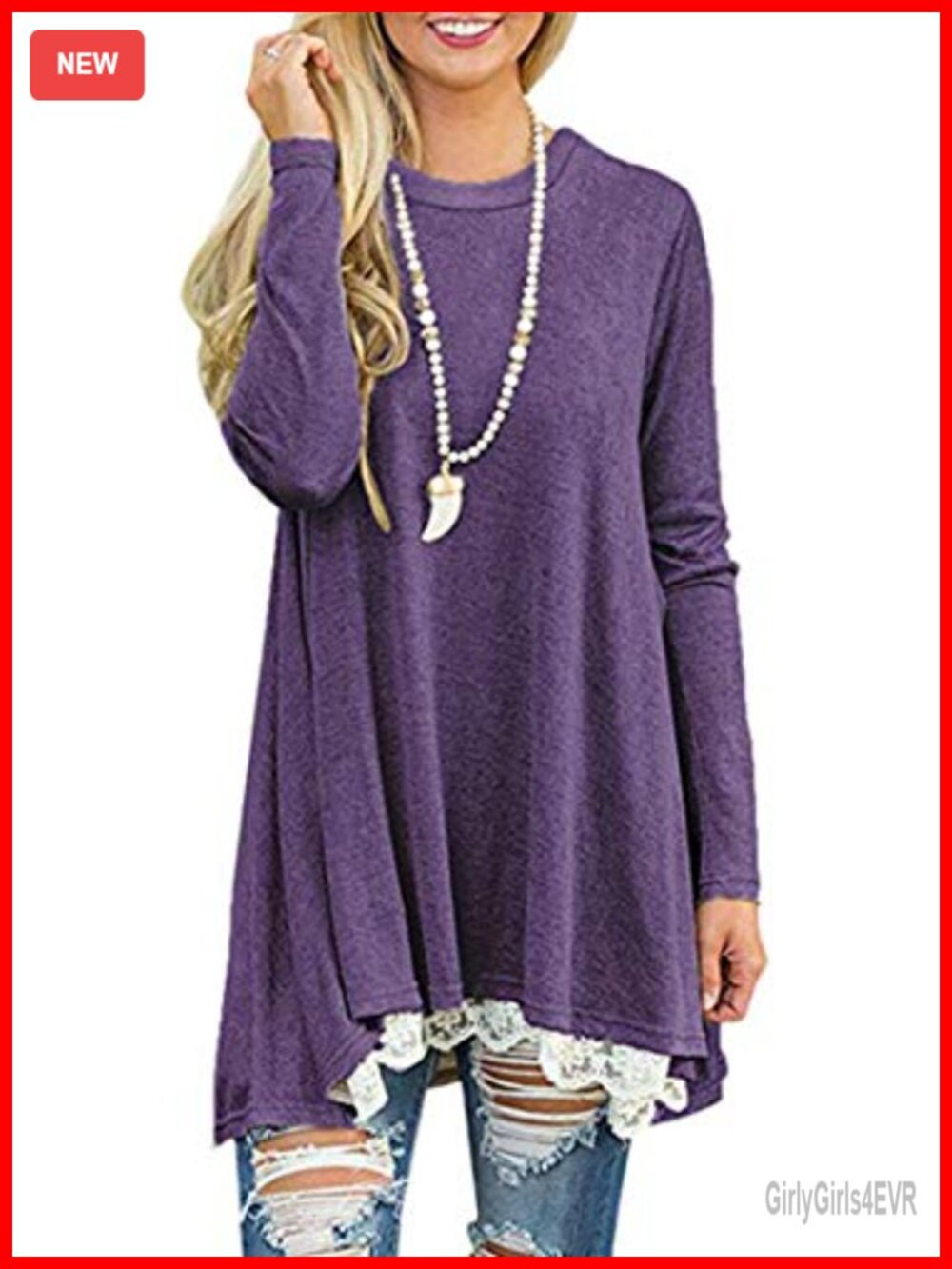 Women Long Sleeve Tunic Top Lace Splicing Swing Dress Crew Neck